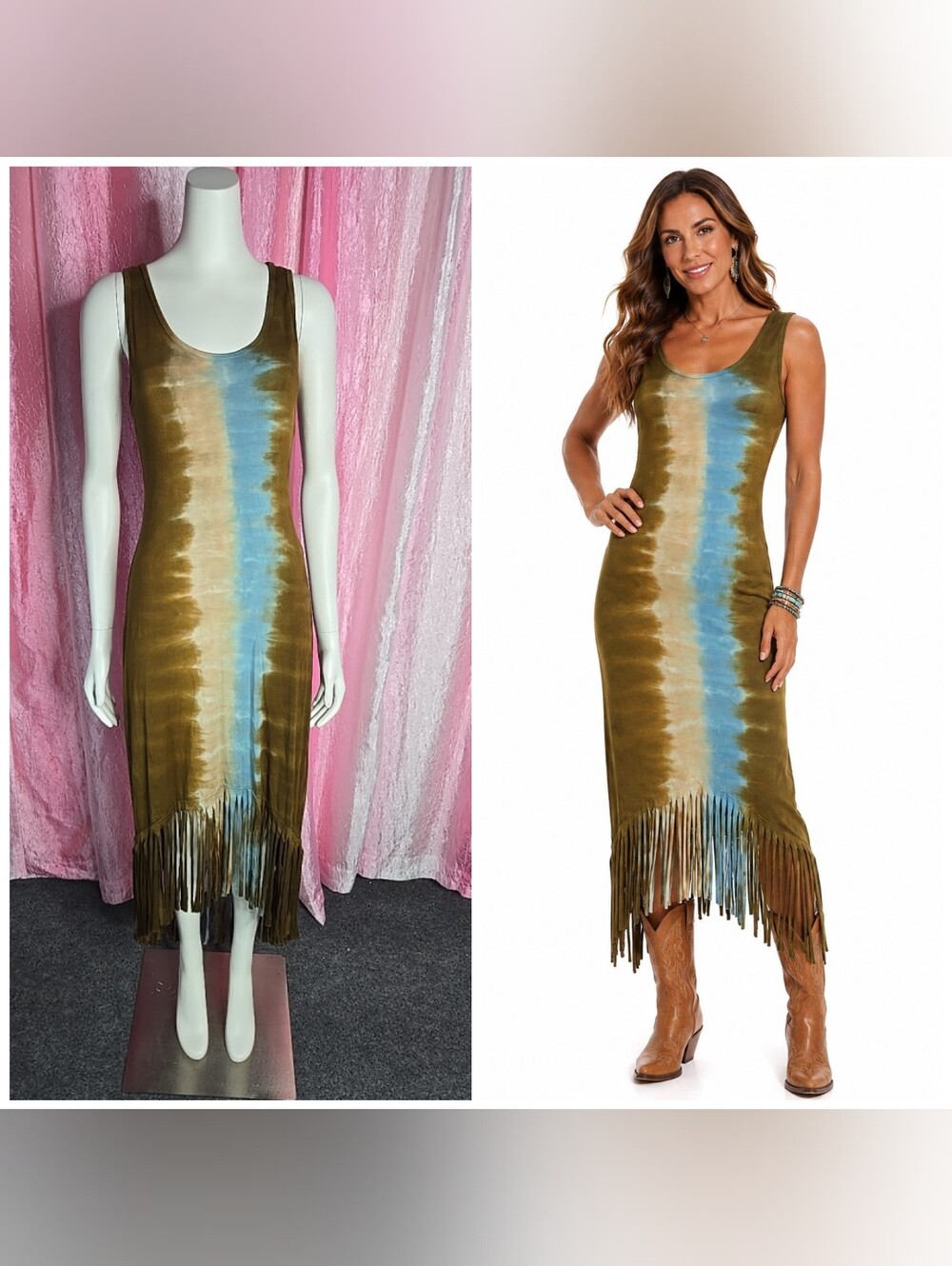 T Party Boutique Brown Turquoise Bleach Fringe Hi Low Dress Size Small NWT